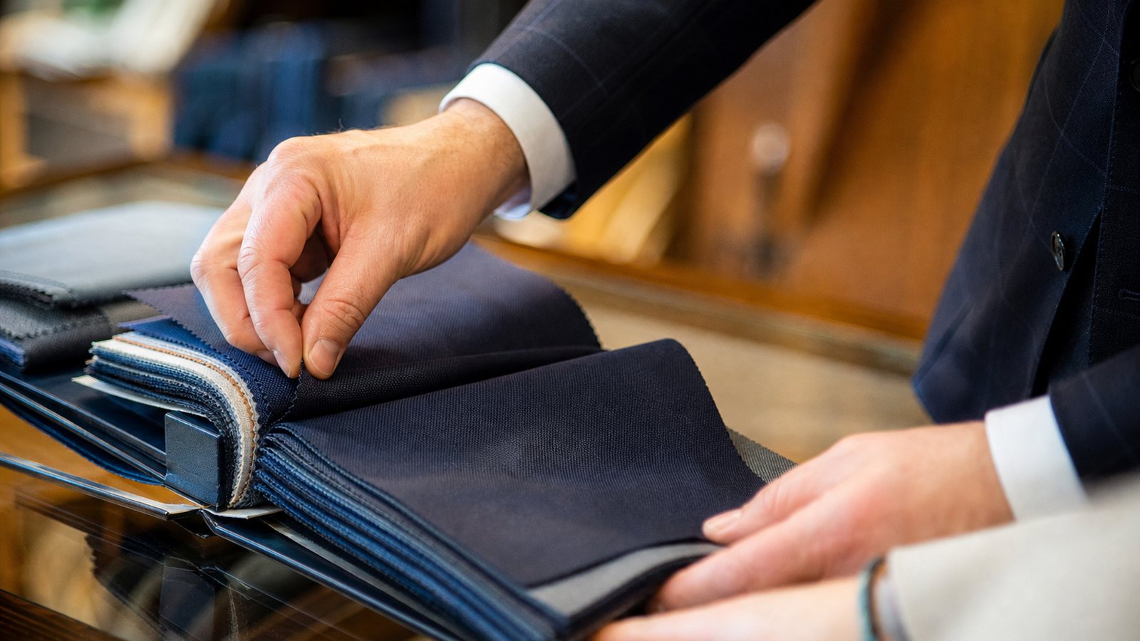 Liasses d'échantillons de laine peignée et de flanelle étalées sur une table d'atelier de tailleur