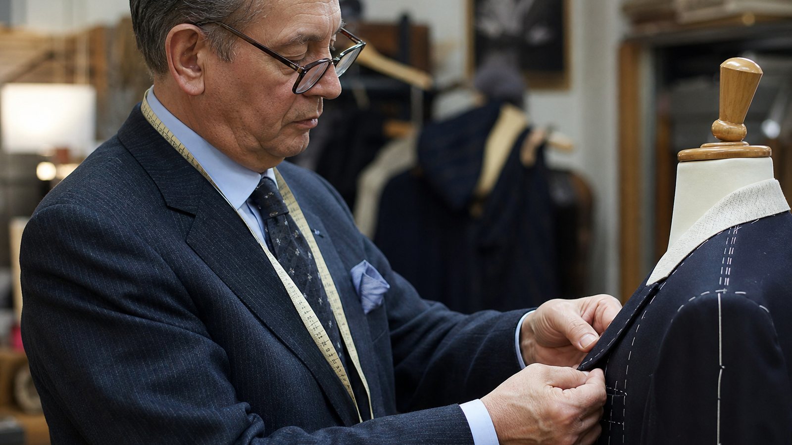Tailleur cousant à la main le col d'une veste de costume dans un atelier lumineux