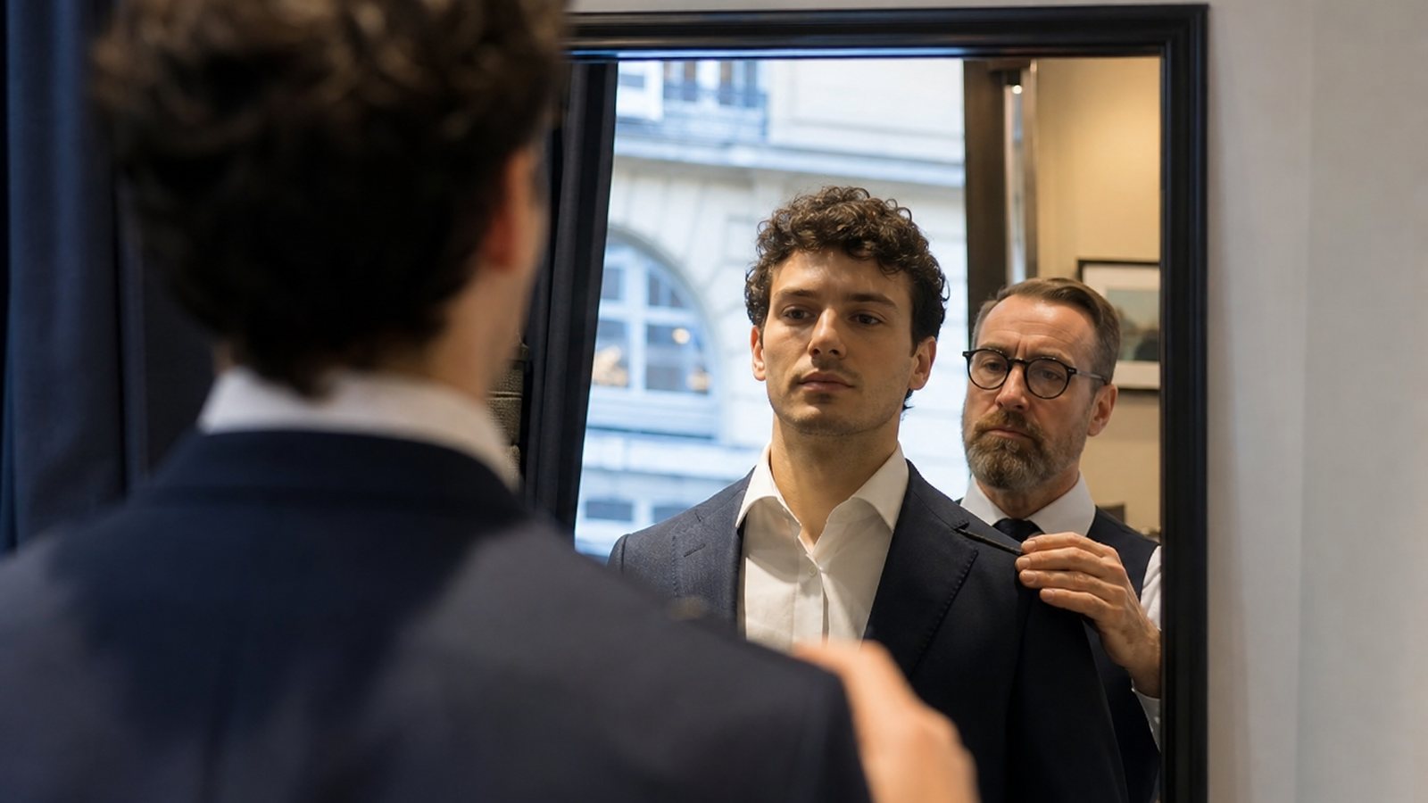 Homme de dos essayant une veste de costume bâtie devant un grand miroir d'atelier de tailleur