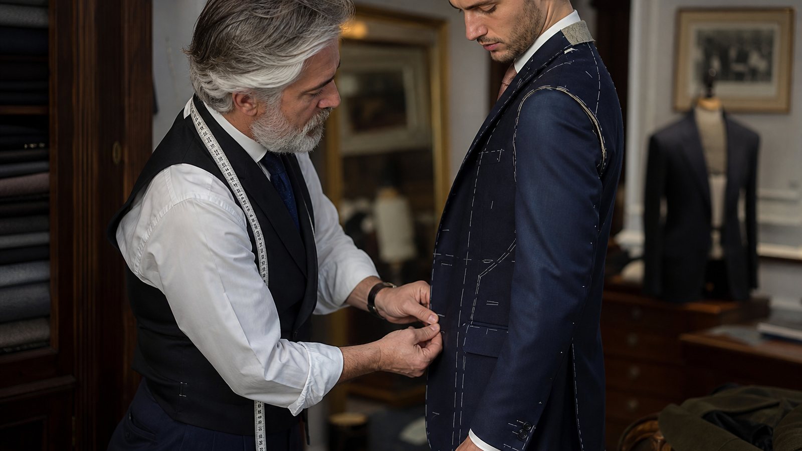 Tailleur relevant les mesures d'un client en veste de costume dans un atelier de grande mesure
