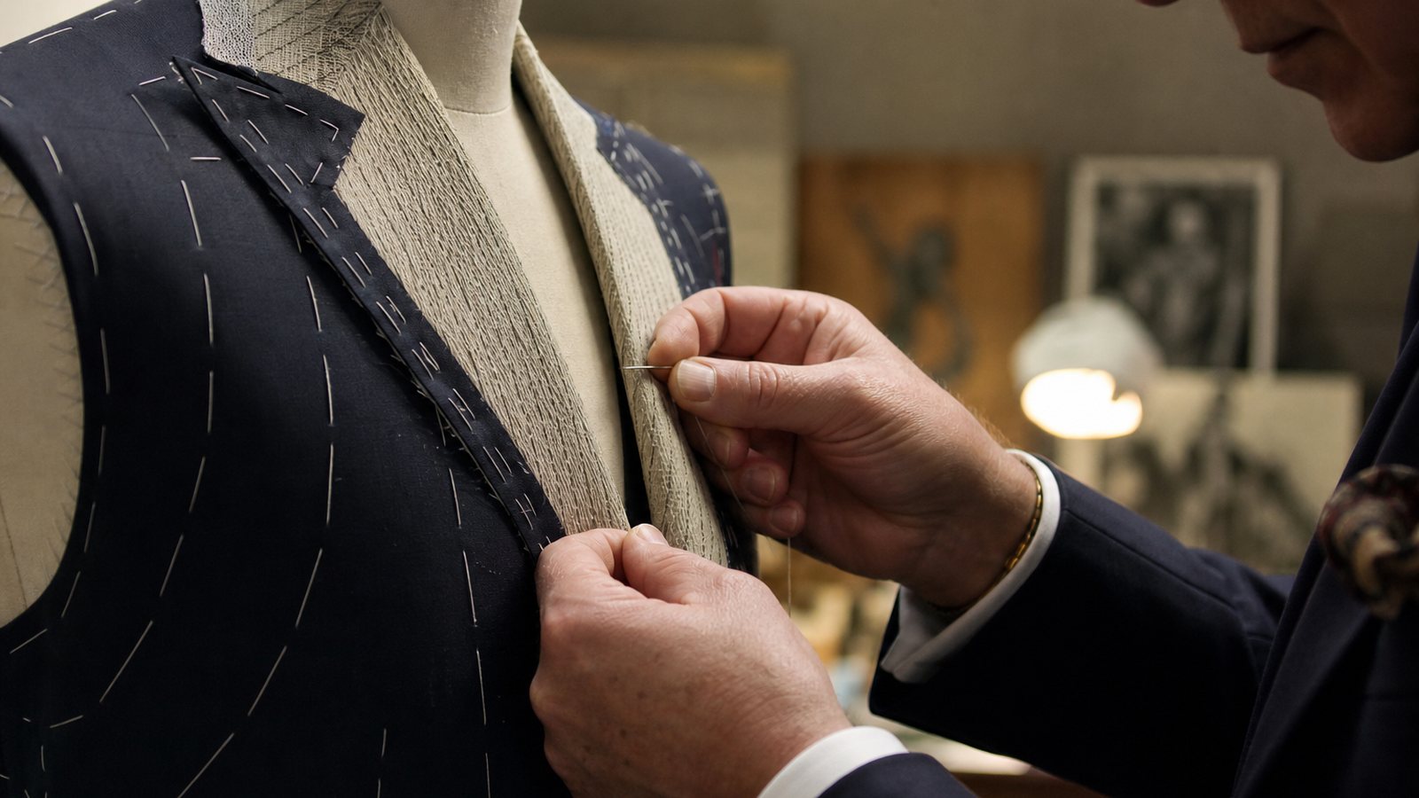 Intérieur d'une veste de costume révélant le plastron entoilé cousu main entre étoffe et doublure