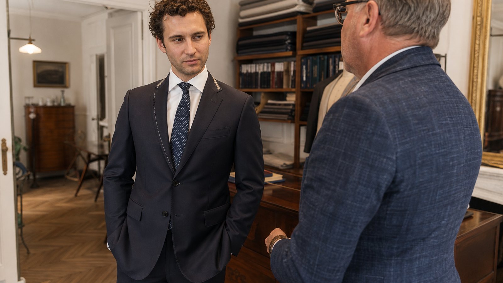 Tailleur esquissant un costume face à un client, étoffes et mètre ruban posés sur la table