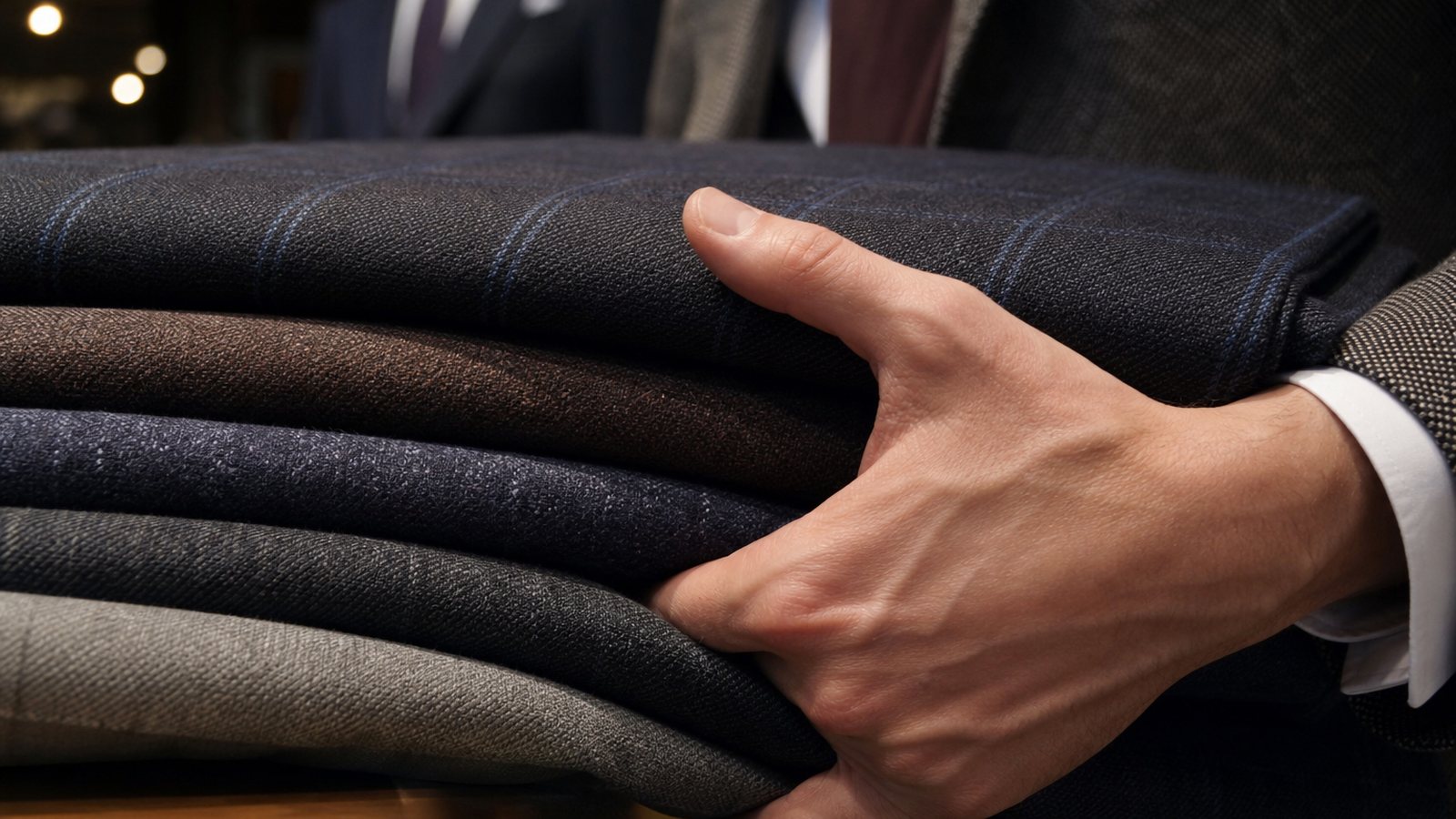 Costume en grande mesure présenté sur un mannequin de bois dans un atelier de tailleur sobre